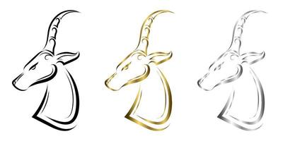 drie kleuren zwart goud en zilver lijntekeningen van impala hoofd. goed gebruik voor symbool, mascotte, pictogram, avatar, tatoeage, t-shirtontwerp, logo of elk gewenst ontwerp. vector