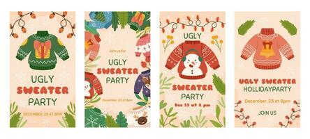 sociaal media Kerstmis verhalen sjabloon, lelijk trui partij uitnodiging. verticaal banier versierd met planten takken, grappig truien, licht slingers vector