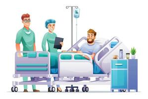 dokter en verpleegster bezoek een ziek Mens aan het liegen Aan ziekenhuis bed. geduldig ziekenhuisopname concept. vector tekenfilm illustratie