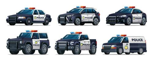 reeks van Politie auto's in verschillend soorten. patrouille officieel voertuig, sedan, SUV, oppakken, bestelwagen. vector illustratie