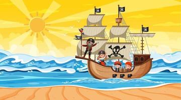 oceaan met piratenschip bij zonsondergangscène in cartoonstijl vector