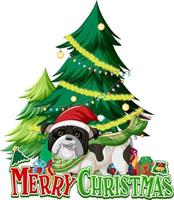 vrolijk kerstlettertype met kerstboom en bulldog vector