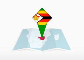 Zimbabwe is afgebeeld Aan een gevouwen papier kaart en vastgemaakt plaats markeerstift met vlag van Zimbabwe. vector