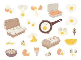 kip en kwartel eieren set, geheel, rauw, gebakken, gebarsten, gebroken, in schelp, omelet, Ingepakt in karton doos, vlak stijl vector illustratie