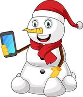 sneeuwman met telefoon illustratie vector Aan wit achtergrond