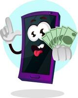 mobiel telefoon emoji Holding geld illustratie vector Aan wit achtergrond