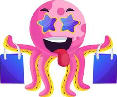 roze Octopus met winkelen Tassen illustratie vector Aan wit achtergrond