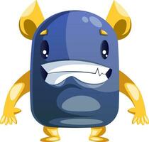 blauw en geel tekenfilm monster glimlachen wit achtergrond vector illustratie.