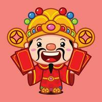 schattig Chinese nieuw jaar fortuin god Holding rood geld envelop vector