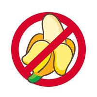 banaan tekenfilm met verboden teken vector illustratie. fruit en voedsel concept ontwerp vlak stijl. geïsoleerd wit achtergrond. klem kunst icoon ontwerp.