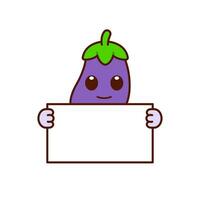 schattig aubergine karakter Holding een blanco teken vector
