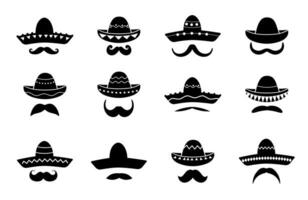 Mexicaans mariachi sombrero hoed pictogrammen en snorren vector