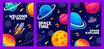 tekenfilm ruimte landschap affiches, ufo, buitenaards wezen heelal vector