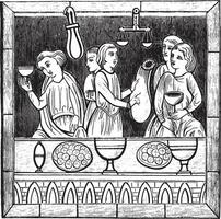een wisselaar in de dertiende eeuw gebrandschilderd glas in de kathedraal van le mannen, wijnoogst gravure. vector