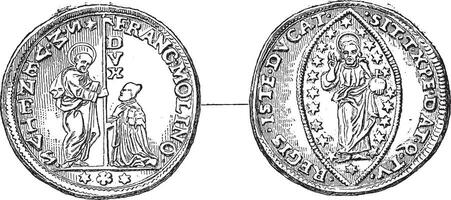 oud Venetiaanse goud munt, kabinet kopiëren van medailles van de keizerlijk bibliotheek, wijnoogst gravure. vector