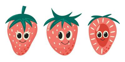 aardbei fruit karakter met gezicht. zomer reeks vitamine vector illustratie geïsoleerd Aan wit. plak en geheel zoet fruit