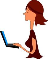 vrouw is op zoek Bij laptop hand- getrokken ontwerp, illustratie, vector Aan wit achtergrond.