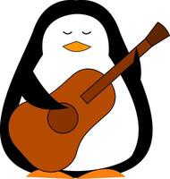 zwart en wit pinguïn Holding een bruin gitaar vector illustratie Aan wit achtergrond