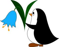 zwart en wit pinguïn Holding een blauw bloem vector illustratie Aan wit achtergrond