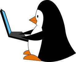 zwart en wit pinguïn met een laptop vector illustratie Aan wit achtergrond