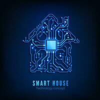 slim huis of iot concept. toekomst en innovatie technologie achtergrond. blauw stroomkring huis met CPU binnen. vector illustratie
