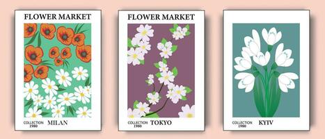 bloem markt reeks van botanisch posters met divers bloem arrangementen. illustraties voor ansichtkaarten, achtergronden, spandoeken, reclame. vector illustratie.