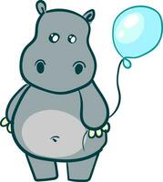schattig grijs nijlpaard met blauw ballon vector illustratie Aan wit achtergrond