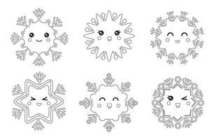 kleur bladzijde van schattig zwart en wit kawaii sneeuwvlokken. vector