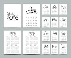 bureau kalender 2026 sjabloon set, kalender 2027-2028, belettering kalender, hand getekend vector illustratie, muur kalender 2026 jaar zwart en wit, reeks van 12 maanden, week begint zondag, schrijfbehoeften