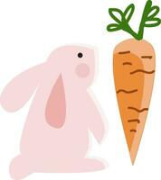 een roze konijn op zoek Bij de groot oranje wortel vector kleur tekening of illustratie