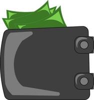 een gevouwen zwart gekleurd portemonnee met groen geld vector kleur tekening of illustratie
