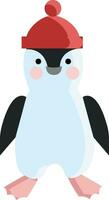 een baby pinguïn vervelend een rood warm POM Pom hoed vector kleur tekening of illustratie