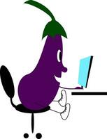 een schattig aubergine emoji werken in voorkant van een blauw computer scherm vector kleur tekening of illustratie