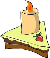 een stuk van taart met aardbei topping en een gloeiend kaars vector kleur tekening of illustratie