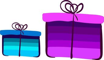 twee Cadeau dozen verpakt in kleurrijk decoratie papier gebonden met bruin linten en bekroond met decoratief boog werken vooral goed voor cadeaus vector kleur tekening of illustratie