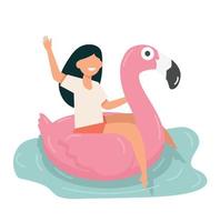 vrouw zittend op roze flamingo float vector