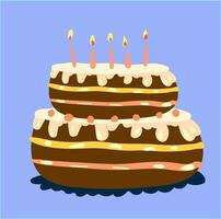 een versierd taart met twee lagen en gloeiend kaarsen vector kleur tekening of illustratie