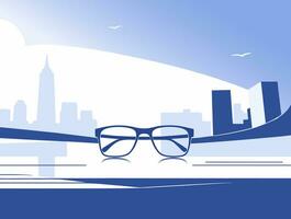 groot bril tegen de achtergrond van de groot stad, vector illustratie.