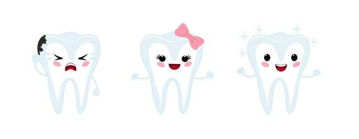een gelukkig gezond schattig tand en een huilen tand met verval. tekenfilm vector baby vector illustratie