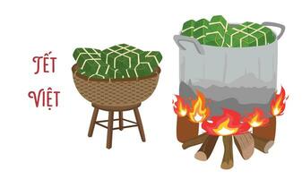 chung taart vector set. chung taart Aan bamboe mand. Vietnamees keuken. Vietnamees traditioneel nieuw jaar. plein kleverig rijst- taart is gekookt in pot. banh chung. gelukkig tet vakantie. tet voedsel.