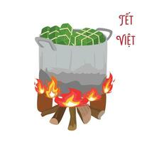 chung taart vector set. chung taart is gekookt in groot pot. Vietnamees keuken. Vietnamees traditioneel nieuw jaar. plein kleverig rijst- gevuld in groen bladeren. banh chung. gelukkig tet vakantie. tet voedsel.