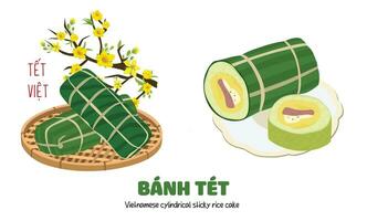 Vietnamees cilindrisch kleverig rijst- taart vector. een ander type van chung taart in Vietnamees traditioneel nieuw jaar. Vietnamees traditioneel voedsel. banh tet. taart gemaakt van rijst, Boon, varkensvlees vlees. vector