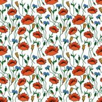 naadloos zomer bloemen patroon - wit achtergrond met bloeiend weide bloemen klaprozen en korenbloemen met bloemknoppen voor verpakking, kleding stof en behang vector