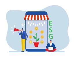 zakenman online winkel promotie esg of ecologie probleem, milieu, sociaal concept met marketing kondigen vector illustrator aan