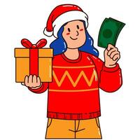 vrouw in een de kerstman claus hoed Holding een geschenk doos en geld vector