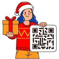 vrouw in een de kerstman claus hoed Holding een geschenk doos en qr code vector