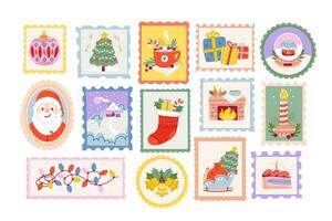 Kerstmis mail postzegels set. nieuw jaar stickers Aan enveloppen met feestelijk Kerstmis illustraties. hand- getrokken vector illustratie.