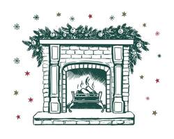 haard met sokken en Kerstmis decoraties, hand- getrokken illustratie. vector. vector