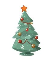 ai gegenereerd vector illustratie van versierd Kerstmis boom in sneeuw Aan wit achtergrond. groen pluizig Kerstmis pijnboom, geïsoleerd Aan wit achtergrond. schattig Kerstmis boom in tekenfilm waterverf stijl.