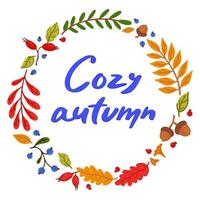 gezellige herfst. frame gemaakt van herfstelementen. hand belettering binnen. vector